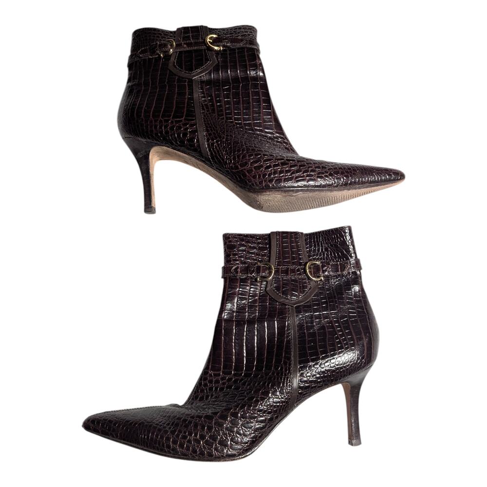 Vtg Y2K Ann Taylor Brown Croc Embossed Leather Pointed Stiletto Ankle Boots Sz 8
